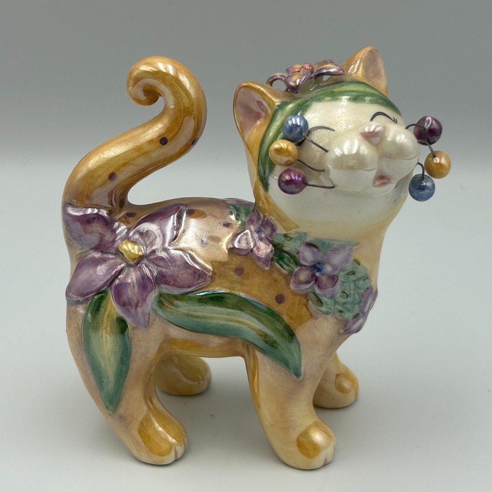 Whimsiclay Amy Lacombe 2008 Cat Purple Flowers Yellow Polka Dot Vintage Figurine